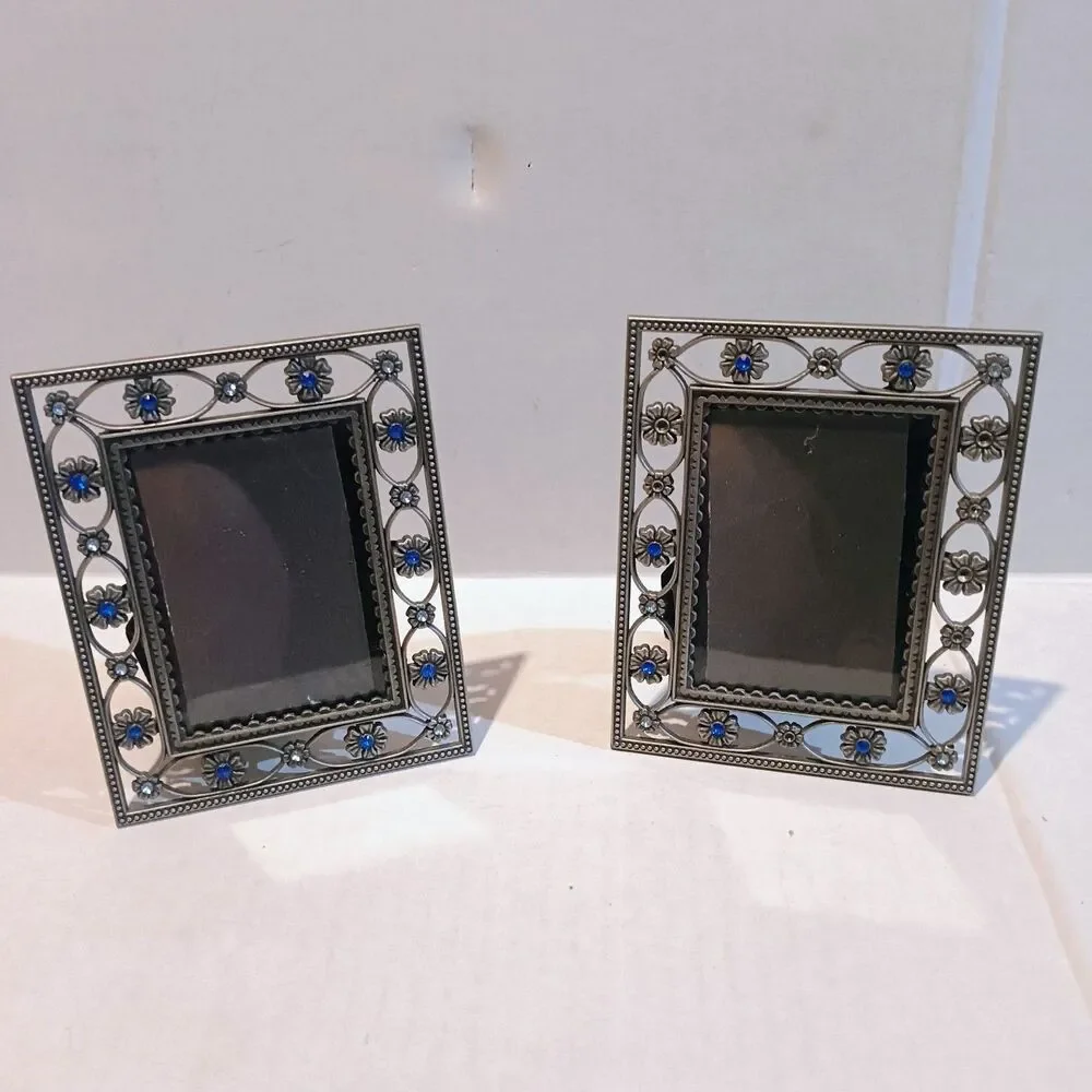 Heirloom Pewter Floral Photo Frame-Lot Of 2-Rhinestone Accents-Filigree-5